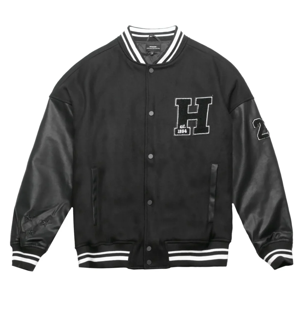 Homme Black Wool & Leather Varsity Jacket