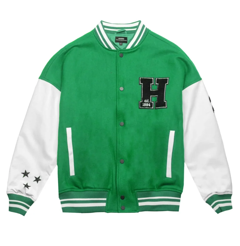 Homme Green/White Wool & Leather Varsity Jacket