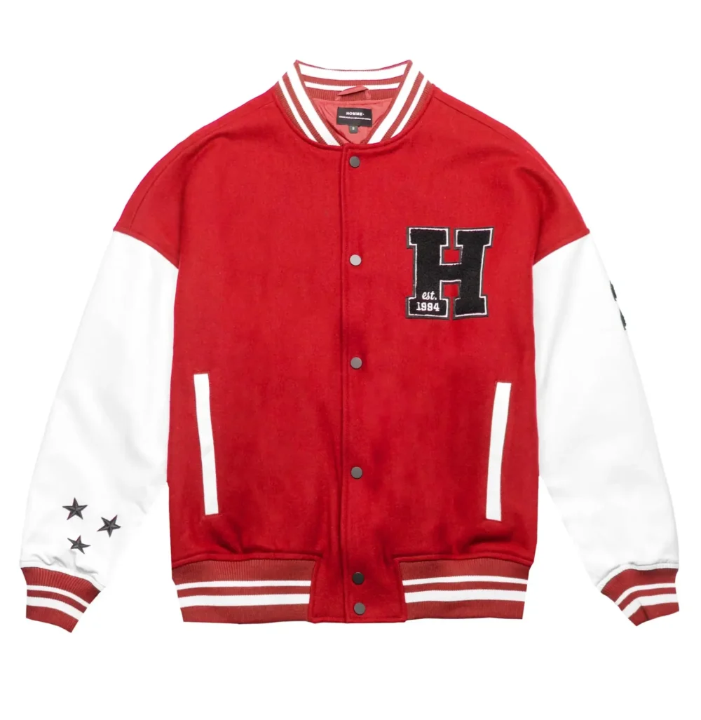 Homme Red/White Wool & Leather Varsity Jacket