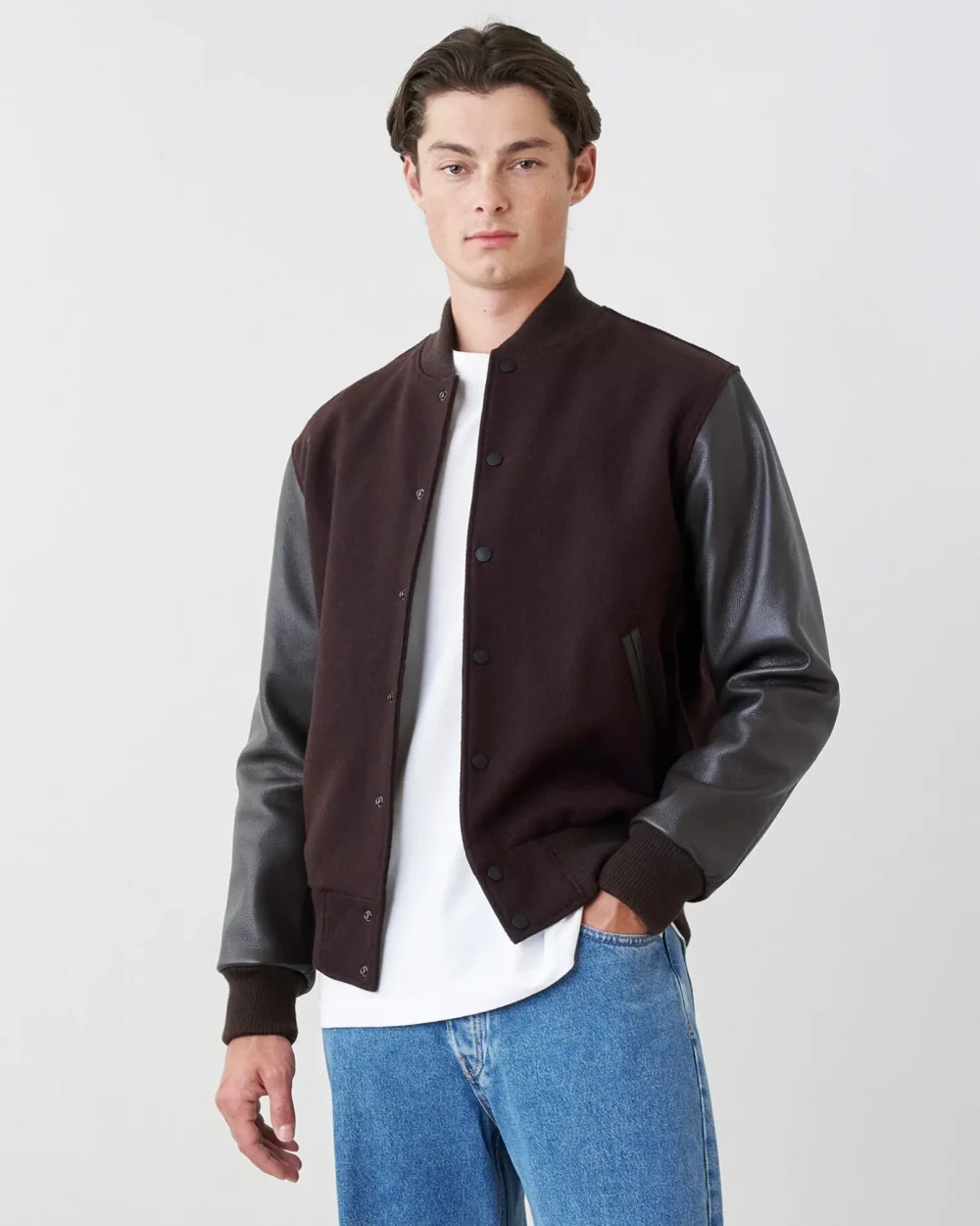 Roots Classic Brown Wool & Leather Varsity Jacket