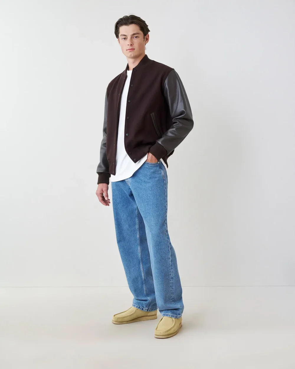 Roots Classic Brown Wool & Leather Varsity Jacket