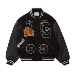 Supreme Tiger Black Wool & Leather Varsity Jacket