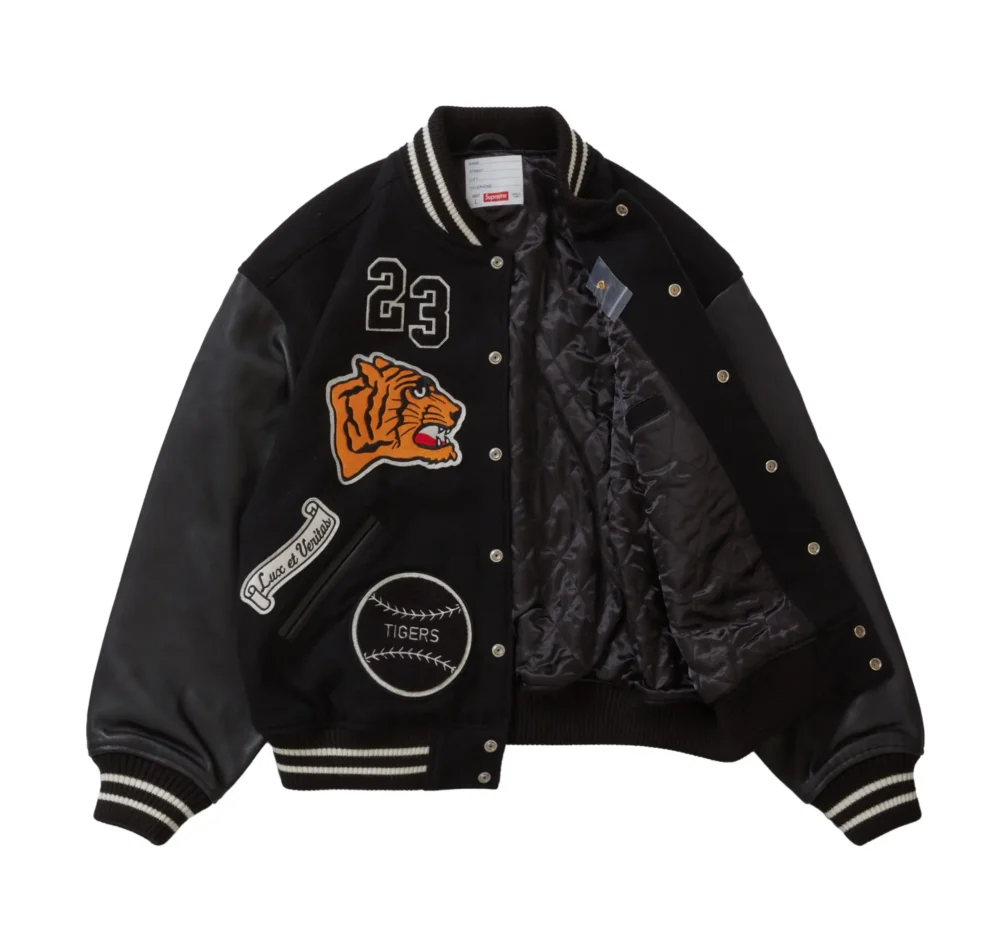 Supreme Tiger Black Wool & Leather Varsity Jacket