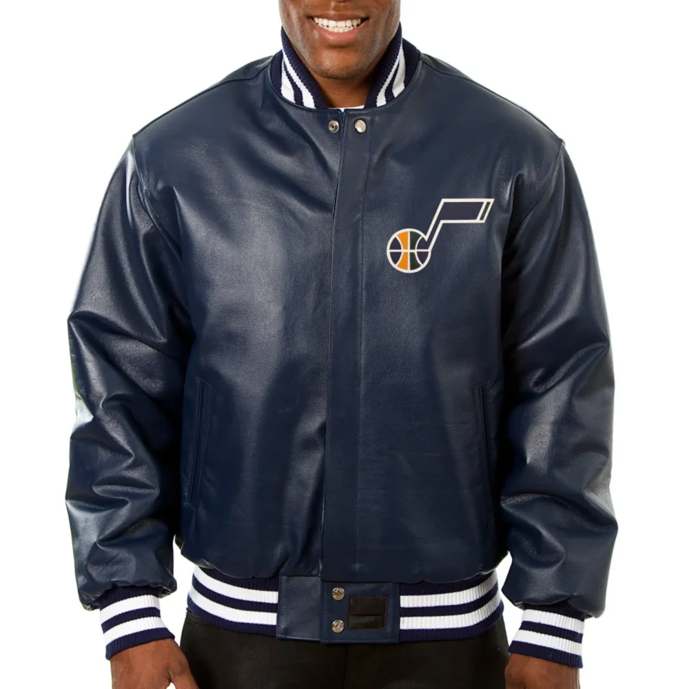 Utah Jazz Navy Leather Varsity Jacket