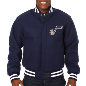 Utah Jazz Navy Wool Varsity Jacket Button & Zipper Closure