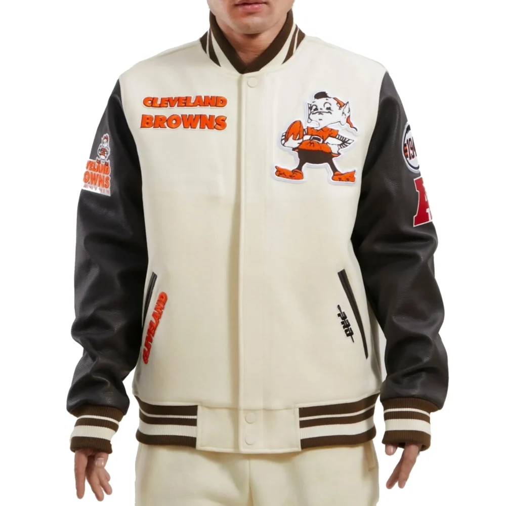 Cleveland Browns Wool & Leather Varsity Jacket Cream & Black